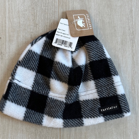Kids Turtle Fur Plaid Check Fleece Hat - Black and White - Picture 1 of 7